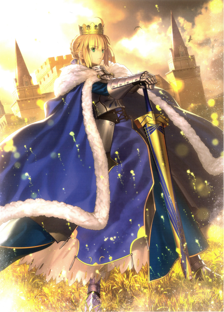 1girl absurdres ahoge armor armored_boots avalon_(fate/stay_night) blonde_hair boots bow braid building cape castle cloak dress excalibur fate/stay_night fate_(series) gauntlets green_eyes hair_bow hair_ornament high_resolution highres large_filesize official_art royal saber scan sheath shoes sky solo sword takeuchi_takashi tied_hair warrior weapon