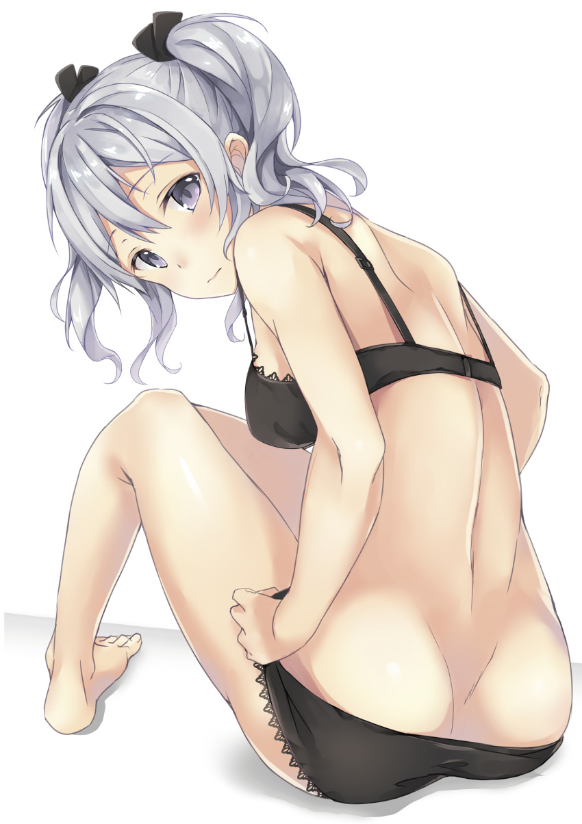 1girl absurdres ass barefoot bikini blush breasts grey_eyes highres jacob_dream_world kantai_collection kashima_(kantai_collection) looking_back silver_hair sketch solo swimsuit tsurime twintails wavy_hair