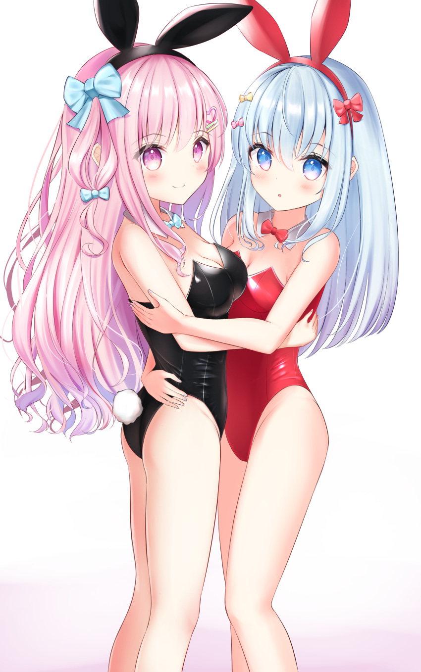 2girls absurdres animal_ears bare_legs black_bow black_bowtie black_leotard blue_eyes bow bowtie commentary_request commission detached_collar fake_animal_ears feet_out_of_frame highres hug leotard long_hair looking_at_viewer multiple_girls original pink_eyes pink_hair playboy_bunny rabbit_ears rabbit_tail red_bow red_bowtie red_leotard silver_hair simple_background standing strapless strapless_leotard tail ustn_(usatan) white_background