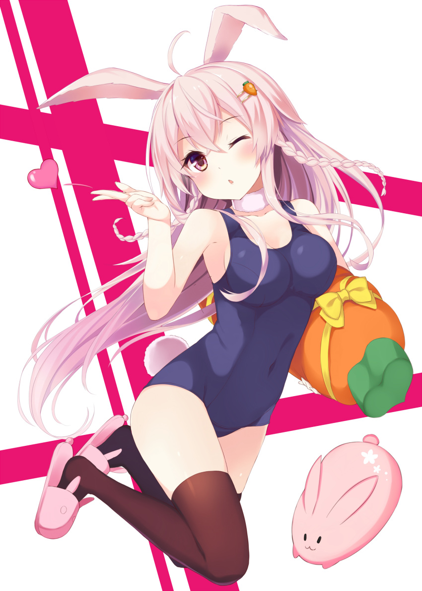 1girl :&lt; absurdres ahoge animal_ears animal_slippers bare_shoulders black_legwear braid bunny_slippers carrot choker hair_ornament hairclip heart highres holding long_hair looking_at_viewer note_(aoiro_clip) one-piece_swimsuit one_eye_closed open_mouth original pink_eyes pink_hair rabbit_ears slippers solo swimsuit thigh-highs