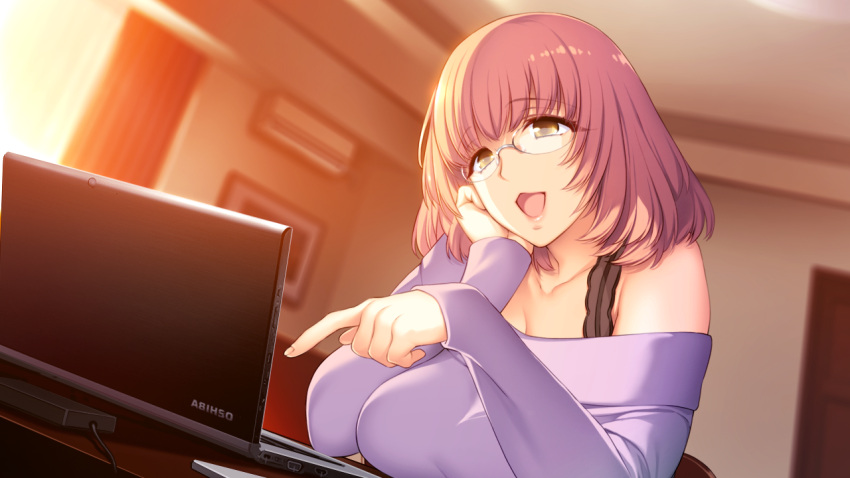 1girl air_conditioner akeiro_kaikitan arm_support bra_strap breasts brown_eyes chair charger chestnut_mouth collarbone couch curtains door dress frame indoors kuzumi_misato large_breasts lipgloss lips off-shoulder_dress off-shoulder_sweater off_shoulder open_mouth panties parted_lips pink_hair purple_panties purple_sweater smile solo sumeragi_kohaku sweater sweater_dress table underwear window