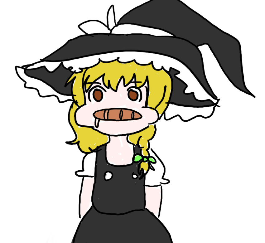 1girl blonde_hair braid bread bread_in_mouth hat kirisame_marisa ribbon simple_background solo touhou witch_hat worst2hu