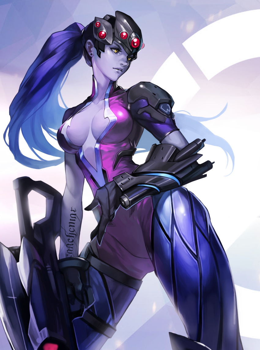1girl absurdres black_gloves body_writing bodysuit breasts center_opening collarbone cowboy_shot ear_studs earrings eyelashes gloves gun head_mounted_display highres holding holding_gun holding_weapon jewelry legs_apart long_hair looking_away overwatch parted_lips ponytail purple_hair purple_skin rifle short_sleeves sniper_rifle solo thigh_strap very_long_hair visor weapon widowmaker_(overwatch) yellow_eyes zzoggomini