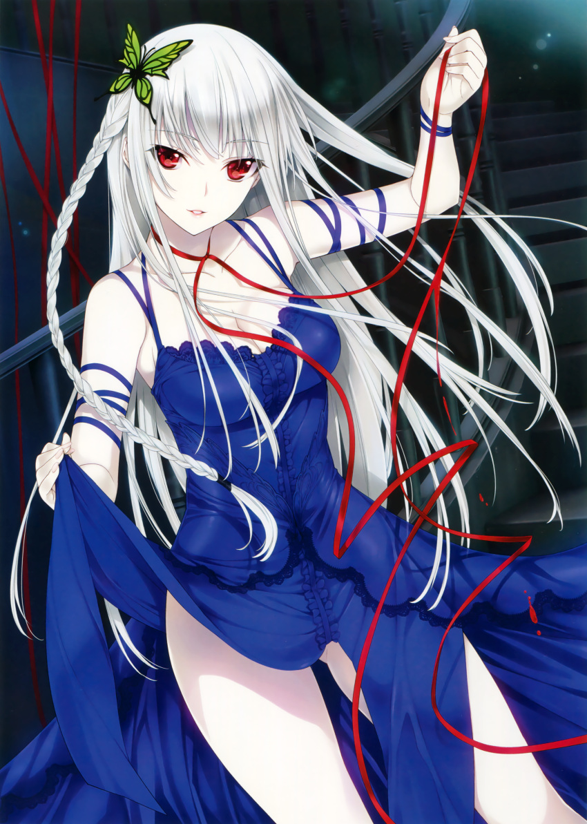 1girl absurdres arm_up ass_visible_through_thighs blue_dress braid breasts butterfly_hair_ornament choker cleavage dress dress_lift dutch_angle hair_ornament hair_over_breasts highres iizuki_tasuku long_hair looking_at_viewer pale_skin parted_lips red_eyes red_ribbon ribbon ribbon_choker scan side_braid smile solo white_hair