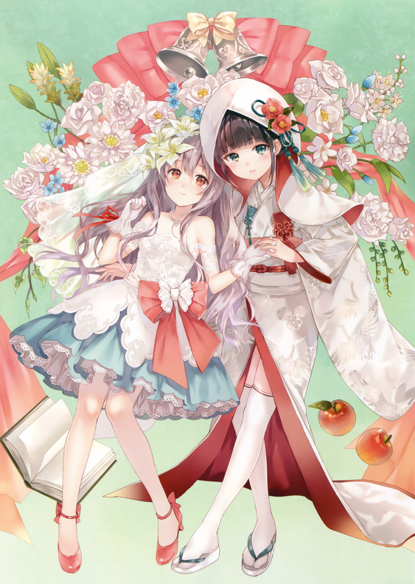 2girls absurdres apple bare_shoulders bell blue_skirt blush book bride brown_eyes brown_hair floral_print flower food fruit fukahire_sanba full_body furisode gloves gradient gradient_background green_eyes grey_background high_heels highres hood interlocked_fingers japanese_clothes jewelry kimono long_hair looking_at_viewer multiple_girls necklace open_book original parted_lips petticoat red_shoes sandals scan shirt shoes skirt thigh-highs veil very_long_hair white_gloves white_legwear white_shirt wide_sleeves