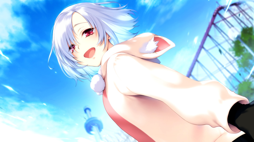 1girl akeiro_kaikitan black_gloves blue_sky clouds cloudy_sky eyebrows eyebrows_visible_through_hair floating_hair from_below game_cg gloves hair_over_one_eye happy jacket light_rays looking_at_viewer looking_back open_mouth pom_pom_(clothes) reaching red_eyes short_hair silver_hair skirt sky smile solo sumeragi_kohaku tokyo_tower tower velvet_(akeiro_kaikitan)