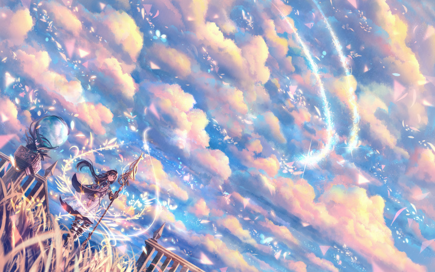 1girl brown_hair cape clouds dress dutch_angle fantasy grass highres light_particles long_hair looking_at_viewer looking_to_the_side magic original railing sakimori_(hououbds) scenery sky smile solo staff wind