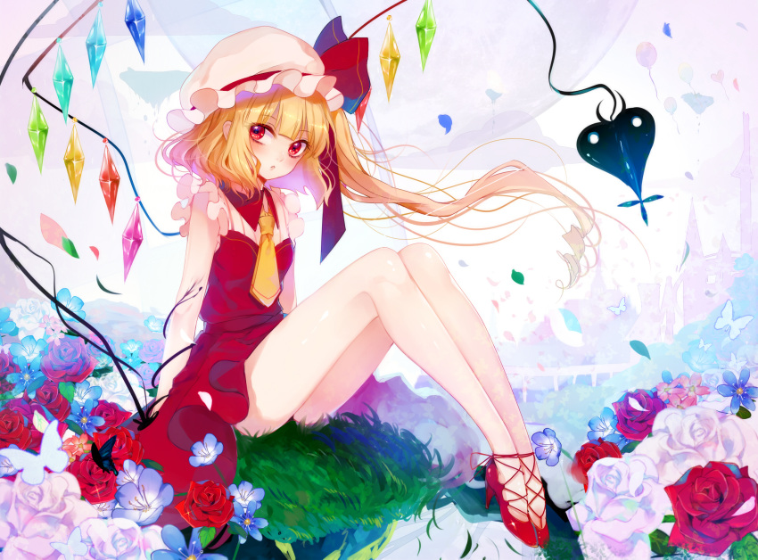 1girl :o arms_at_sides balloon bangs bare_legs blonde_hair blue_fire blush building butterfly cross-laced_footwear crystal curly_hair daimaou_ruaeru dress fire flandre_scarlet floating_hair floating_island flower frilled_hat frilled_sleeves frills grass hat hat_ribbon heart_balloon high_heels highres laevatein long_hair looking_at_viewer mob_cap necktie on_ground one_side_up outdoors petals red_dress red_eyes red_flower red_ribbon red_rose red_shoes ribbon rose saliva shoes short_necktie short_sleeves sitting solo touhou tower weapon white_flower white_hat white_rose wind wings yellow_necktie