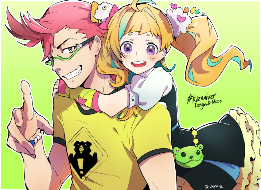 1boy 1girl :d arms_around_neck bear blush bow bracelet brown_eyes character_name copyright_name cowlick glasses gradient gradient_background green-framed_glasses green_background green_hair grin hair_bow highres jewelry kiznaiver looking_at_viewer multicolored_hair niyama_nico open_mouth orange_hair pink_hair semi-rimless_glasses shirt smile streaked_hair t-shirt tenga_hajime twintails twitter_username two-tone_hair violet_eyes