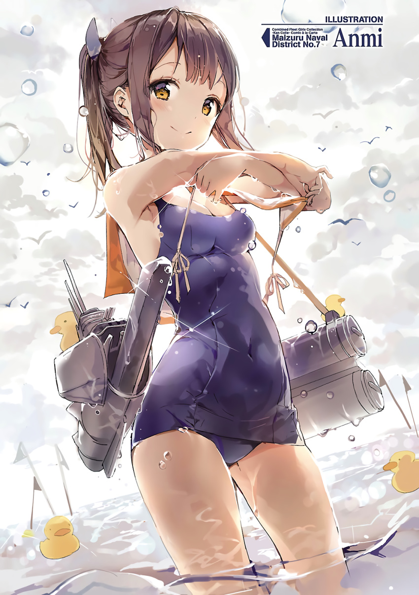 1girl anmi artist_name bird breasts brown_hair cleavage contrapposto covered_navel dutch_angle hair_ornament highres i-401_(kantai_collection) kantai_collection light_brown_eyes outdoors ponytail rubber_duck sailor_collar scan school_swimsuit smile solo sparkle swimsuit wading wet