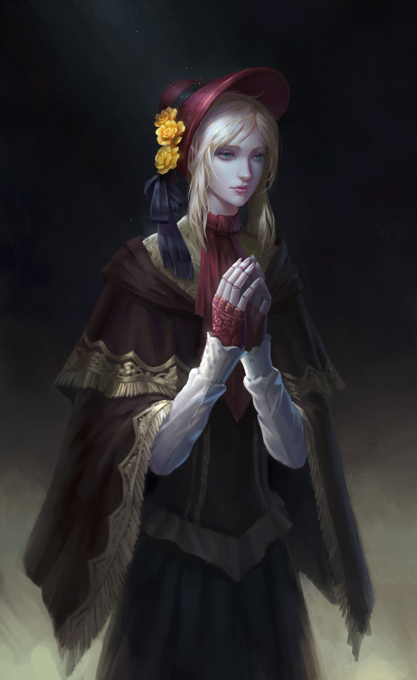 1girl absurdres blonde_hair bloodborne blue_eyes bonnet doll_joints flower hands_together hat hat_flower highres plain_doll solo tagme wenfei_ye