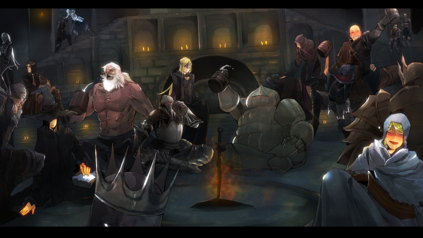 6+boys 6+girls anri_of_astora armor ashen_one_(dark_souls_3) bandages beard blacksmith_andre blonde_hair blush bonfire candle cape cloak closed_eyes cornyx_of_the_great_swamp crown cup dark_souls_iii eygon_of_carim facial_hair fire_keeper full_armor gauntlets gloves greirat_of_the_undead_settlement hawkwood helmet highres horace_the_hushed irina_of_carim jewelry karla_(dark_souls_3) leonhard long_hair ludleth_of_courland mask mug multiple_boys multiple_girls orbeck_of_vinheim patches_the_hyena saliva shirtless shrine_handmaid siegward_of_catarina sirris_of_the_sunless_realms sitting souls_(from_software) white_hair yuria_of_londor