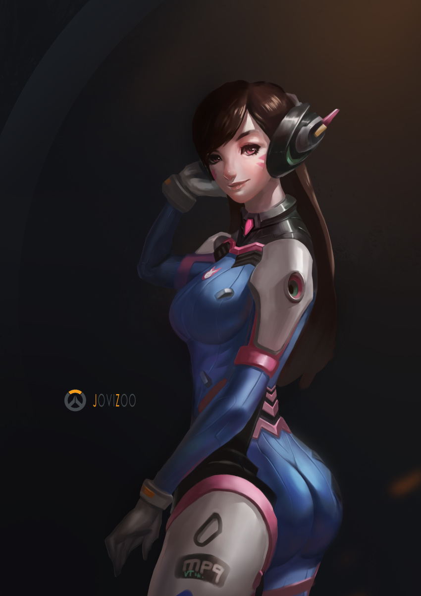 1girl absurdres artist_name ass bangs black_background bodysuit breasts brown_eyes brown_hair closed_mouth clothes_writing cowboy_shot d.va_(overwatch) facial_mark gloves hand_on_headphones hand_up headphones highres jovizoo long_hair looking_at_viewer overwatch smile solo swept_bangs white_gloves