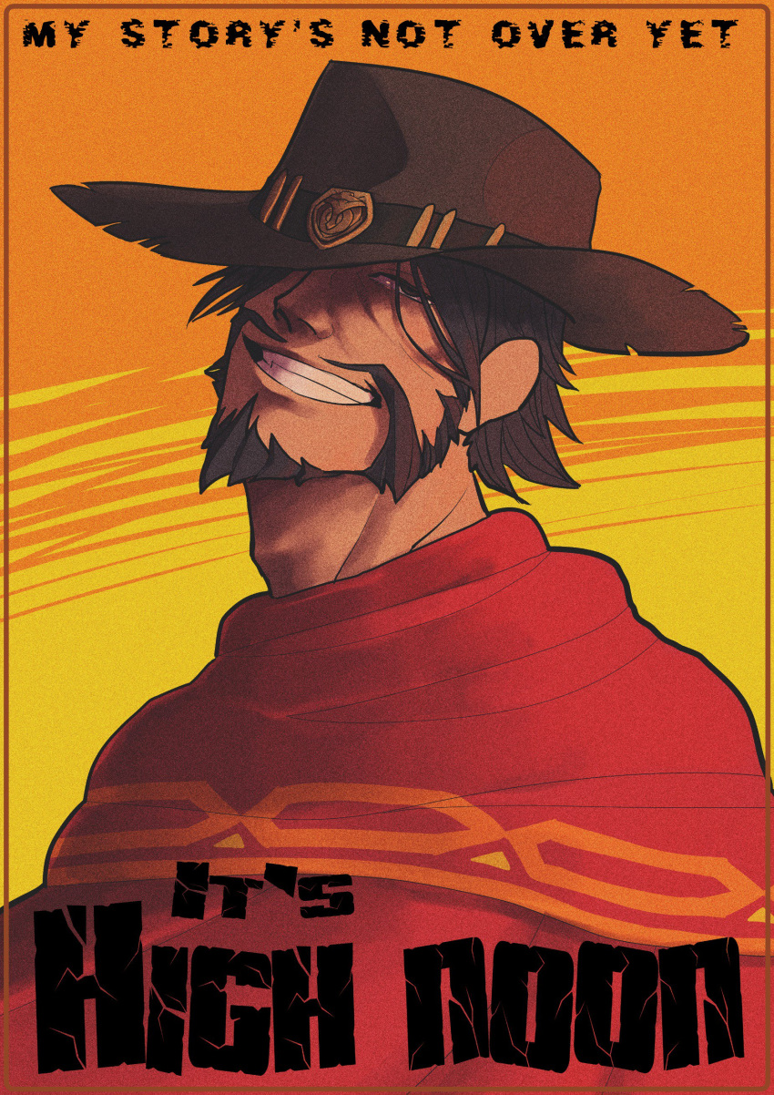 1boy :d absurdres beard black_hair brown_eyes cape cowboy_hat english facial_hair grin hat hat_over_one_eye highres looking_at_viewer male_focus mccree_(overwatch) mustache open_mouth overwatch poncho red_cape smile solo spiky_hair torn_clothes torn_hat upper_body western