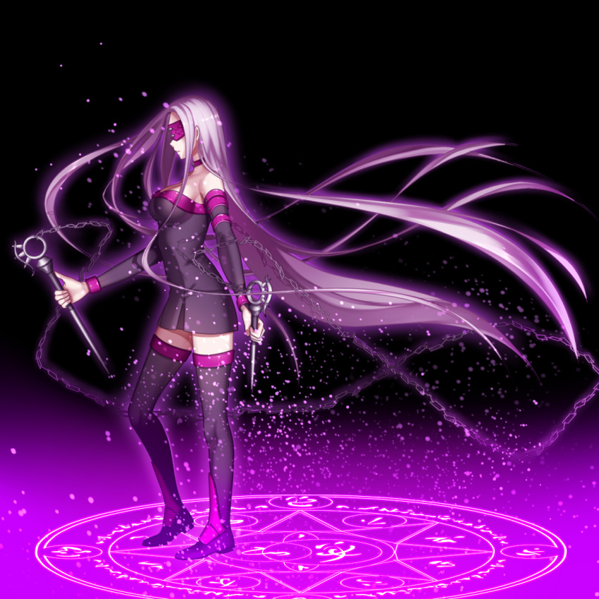 1girl arkray black_legwear chain detached_sleeves fate/stay_night fate_(series) highres holding holding_weapon long_hair purple_hair rider solo strapless thigh-highs very_long_hair