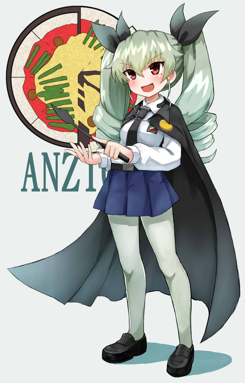1girl absurdres anchovy belt black_shoes black_skirt cape dress_shirt drill_hair emblem food full_body girls_und_panzer green_hair hair_ribbon highres holding loafers long_hair long_sleeves miniskirt necktie okitsugu pantyhose pizza pleated_skirt red_eyes ribbon riding_crop school_uniform shadow shirt shoes skirt solo standing twin_drills twintails white_legwear white_shirt