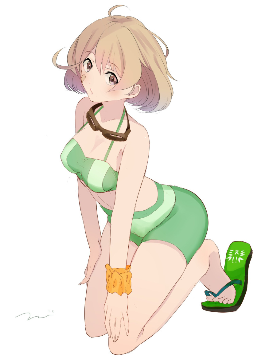 1girl ahoge bandaid bandaid_on_face bare_arms bare_legs bare_shoulders bikini blush breasts brown_eyes brown_hair cleavage eyebrows eyebrows_visible_through_hair flip-flops full_body goggles goggles_around_neck green_bikini highres kantai_collection kneeling leaning_forward looking_at_viewer no_legwear oboro_(kantai_collection) sandals scrunchie short_hair signature simple_background solo swimsuit tareme tebi_(tbd11) white_background wrist_scrunchie