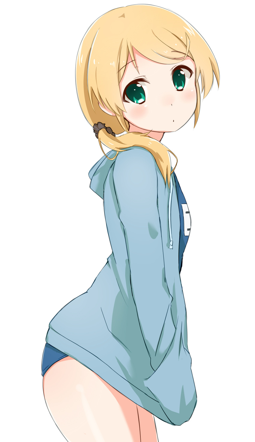 1girl absurdres bangs blonde_hair blush cowboy_shot ellen_baker eyebrows eyebrows_visible_through_hair from_side green_eyes hair_ornament hair_over_shoulder hand_in_pocket hands_in_pockets highres hood hoodie jacket jacket_over_swimsuit long_hair looking_at_viewer looking_to_the_side name_tag new_horizon ponytail school_swimsuit shiso_azuki simple_background solo standing swimsuit swimsuit_under_clothes tareme white_background younger