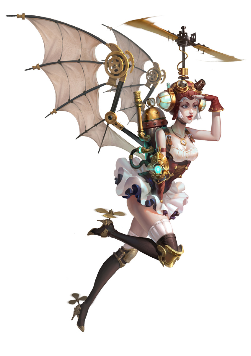 1girl absurdres black_boots boots breasts brown_gloves cleavage fingerless_gloves full_body gloves goggles_on_helmet high_heel_boots high_heels highres mechanical_wings open_mouth original propeller shading_eyes skirt solo steampunk watch wenfei_ye white_hair white_skirt wings