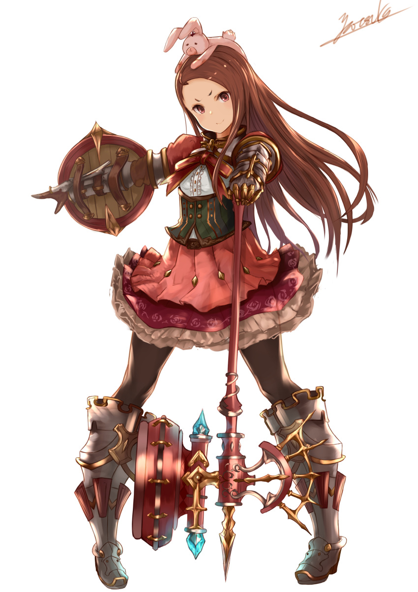&gt;:) 1girl absurdres armor brown_eyes brown_hair buckler corset floral_print frilled_skirt frills full_body gauntlets greaves highres idolmaster looking_at_viewer mace minase_iori outstretched_arm pink_skirt serious shield skirt smile spiked_mace stuffed_animal stuffed_bunny stuffed_toy weapon yatsuka_(846)