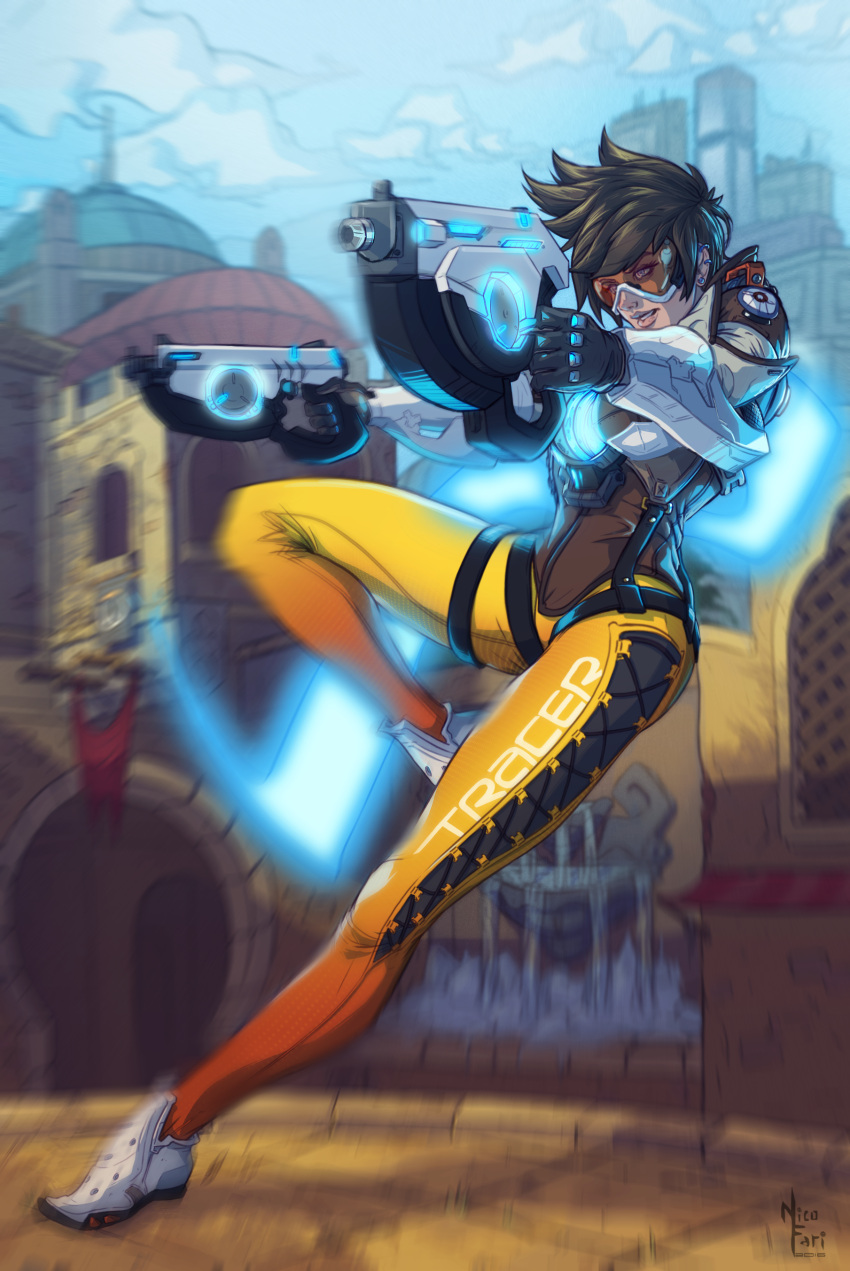 1girl absurdres artist_name bangs black_gloves blue_sky blur bodysuit bomber_jacket brown_eyes brown_hair brown_jacket building clothes_writing clouds cloudy_sky cross-laced_clothes dual_wielding elbow_gloves emblem fountain full_body gloves goggles gun handgun harness highres holding holding_gun holding_weapon jacket leather leather_jacket long_sleeves makeup overwatch pants parted_lips pistol shoes short_hair sky solo spiky_hair thighs tight tight_pants tracer_(overwatch) vambraces weapon