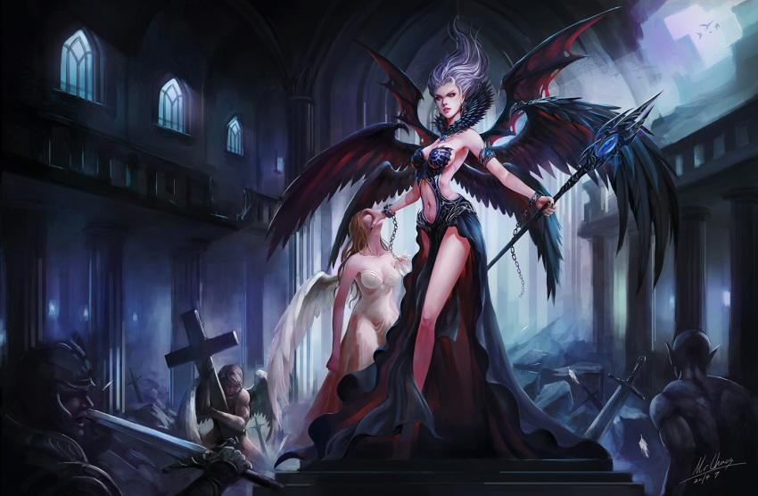 2boys 2girls angel_wings armlet black_nails blonde_hair chain cross cuffs fallen_angel feathers hand_over_face helmet indoors midriff multiple_boys multiple_girls nail_polish navel open_mouth planted_weapon pointy_ears polearm red_eyes shackles signature spear sword weapon wenfei_ye white_feathers white_hair wings