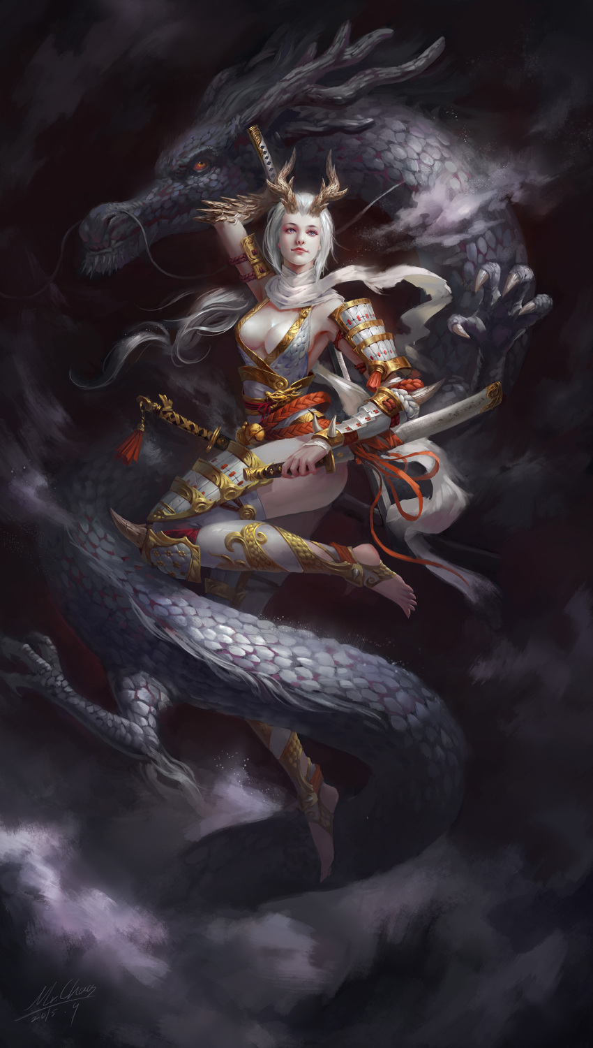 1girl absurdres breasts cleavage dragon dragon_horns full_body highres horns katana long_hair pale_skin scarf sheath sheathed signature sword weapon wenfei_ye white_hair white_scarf