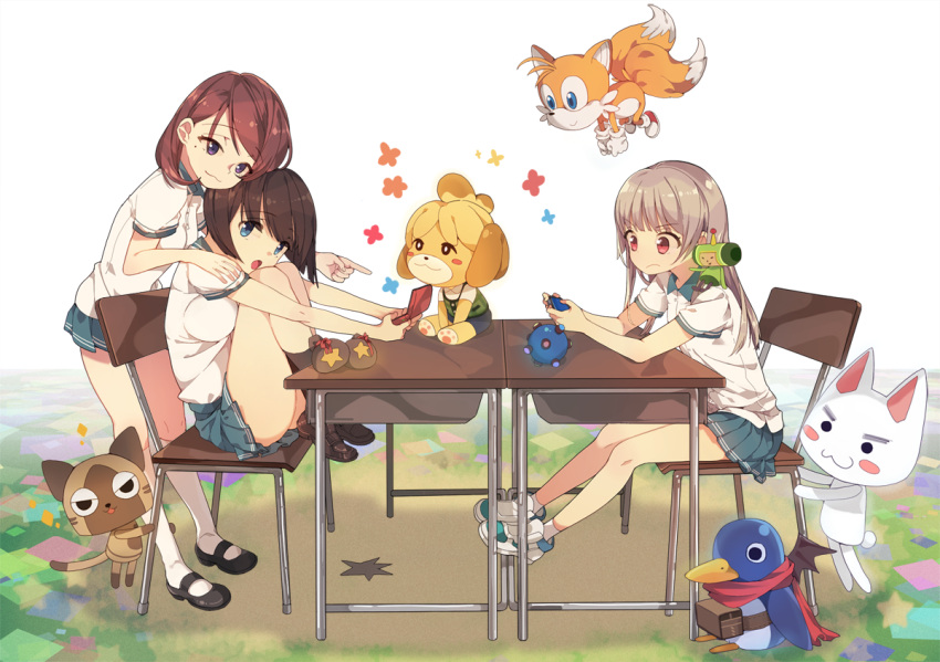 &gt;:( 3girls :&gt; :3 adcd antenna_hair black_shoes blue_eyes blue_skirt blush_stickers brown_hair brown_shoes cat chair character_request copyright_request desk disgaea explosive fox full_body gloves hand_on_another's_shoulder handheld_game_console kneehighs loafers long_hair looking_at_another mary_janes miles_prower mine_(weapon) mole mole_under_eye multiple_girls multiple_tails original paw_print playing_games pleated_skirt pointing prinny red_eyes sack school_desk school_uniform shirt shoes short_sleeves sitting skirt sneakers solid_circle_eyes sonic_the_hedgehog standing star tail violet_eyes white_background white_gloves white_legwear white_shirt