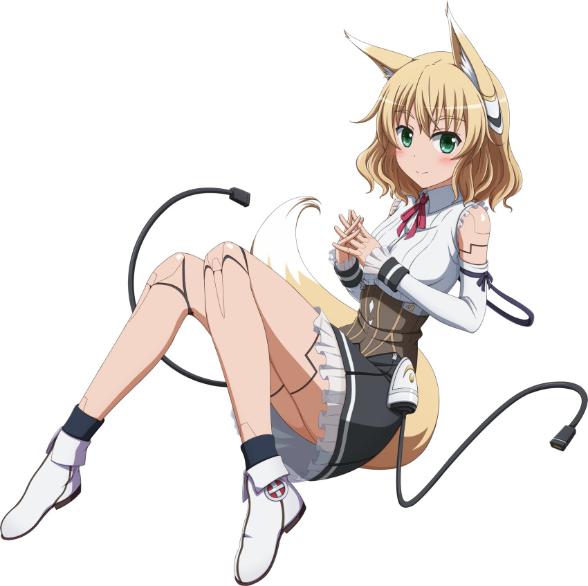 1girl android animal_ears blonde_hair detached_sleeves fox_ears fox_tail green_eyes highres original shira-nyoro short_hair solo tail transparent_background
