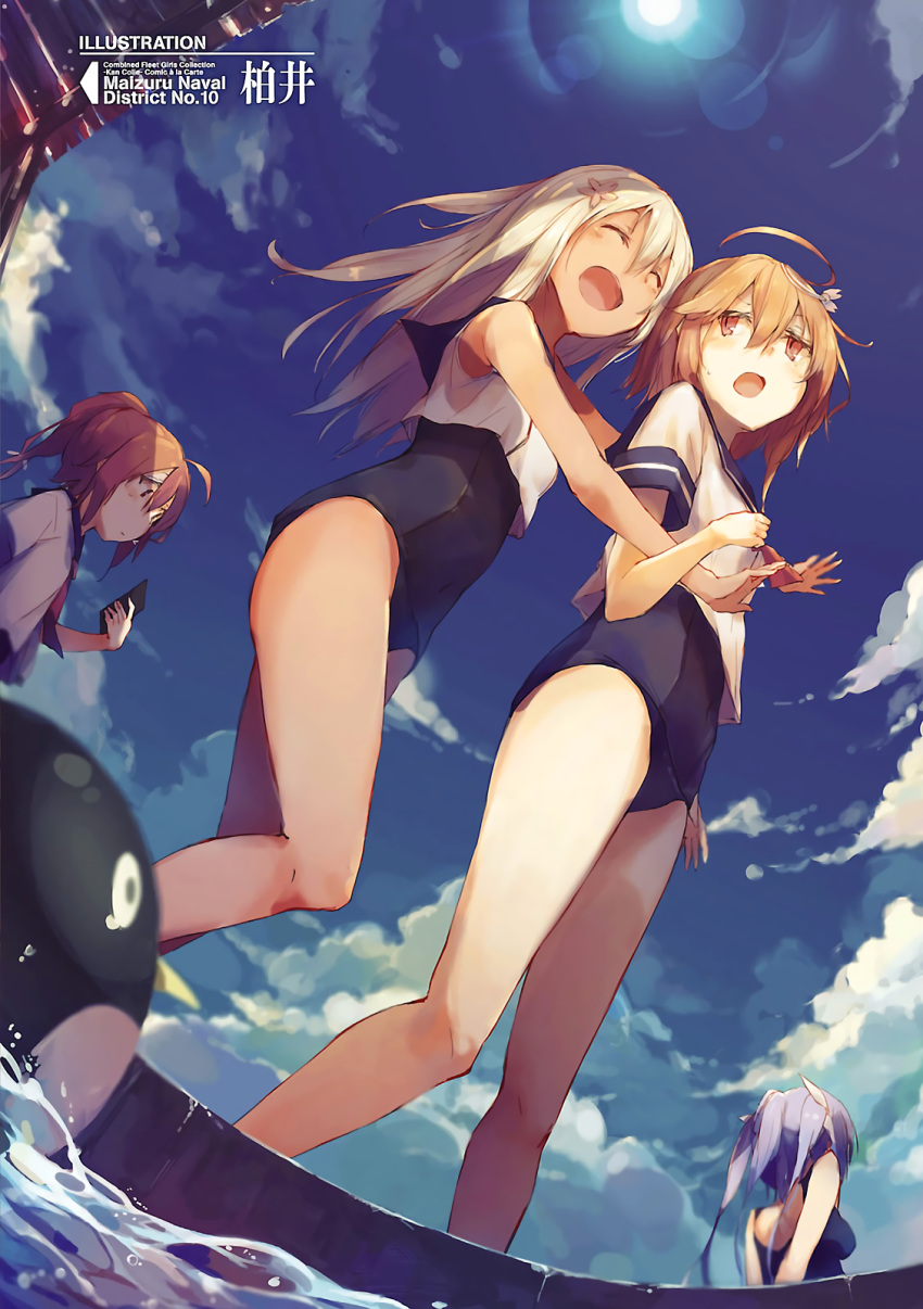 4girls :d ^_^ ahoge arms_behind_back artist_request blonde_hair blue_hair blue_sky closed_eyes fisheye flower from_below hair_between_eyes hair_flower hair_ornament highres i-168_(kantai_collection) i-19_(kantai_collection) i-58_(kantai_collection) kantai_collection lens_flare long_hair multiple_girls open_mouth outdoors pink_eyes pink_hair ponytail ro-500_(kantai_collection) sailor_collar sailor_shirt scan school_swimsuit shirt short_hair sky small_breasts smile source_request swimsuit swimsuit_under_clothes twintails