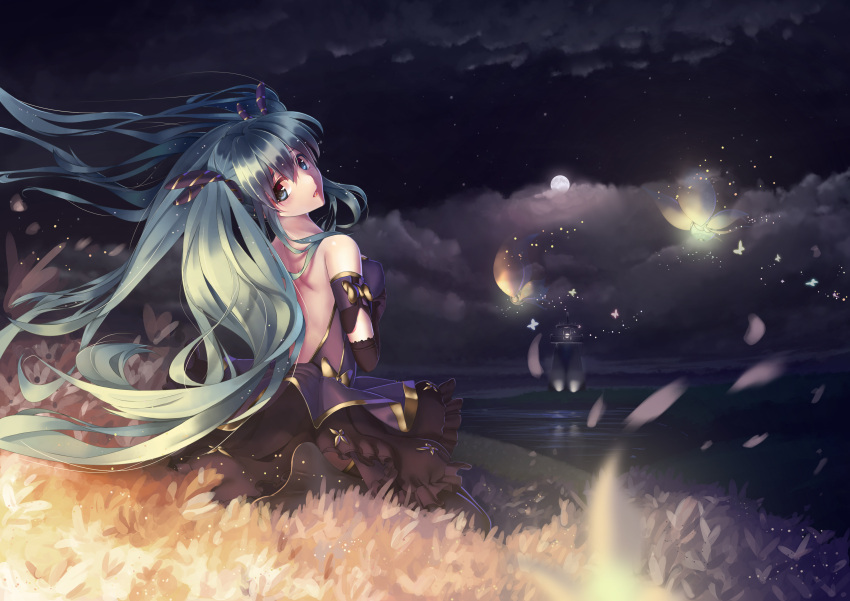 1girl absurdres aqua_hair bare_back blue_eyes clouds detached_sleeves dress elbow_gloves flower full_moon gloves glowing hatsune_miku highres lighthouse long_hair looking_back moon nishiro_ryoujin solo twintails very_long_hair vocaloid