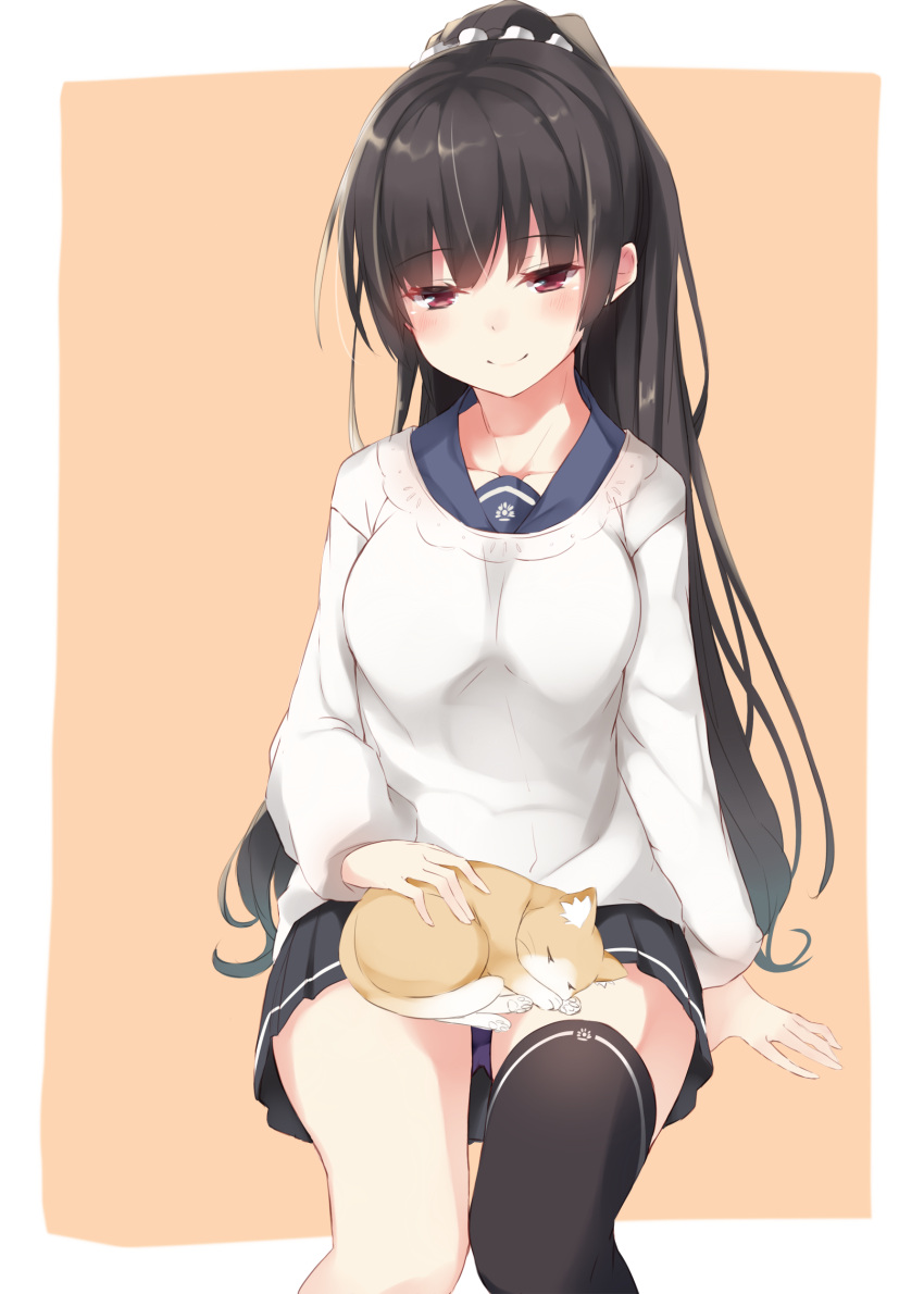... 1girl absurdres animal arm_at_side bangs black_hair black_legwear black_skirt blunt_bangs blush breasts brown_fur cat cat_on_lap closed_eyes closed_mouth collarbone commentary_request eyebrows eyebrows_visible_through_hair fur hair_ornament hair_scrunchie highres isokaze_(kantai_collection) kantai_collection large_breasts long_hair note_(aoiro_clip) orange_background petting pleated_skirt pointy_ears ponytail red_eyes scrunchie shirt simple_background single_thighhigh skirt sleeping smile solo sweater text thigh-highs thighs translated very_long_hair zettai_ryouiki