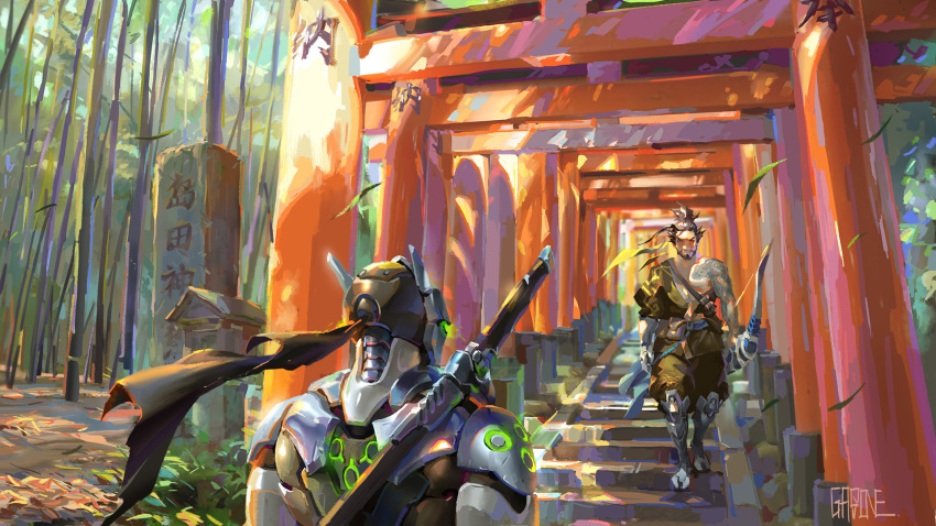 2boys armor artist_name asymmetrical_clothes back bamboo bamboo_forest bandolier bare_shoulders beard belt_pouch bodysuit bow_(weapon) brothers brown_eyes brown_hair collarbone cyborg dragon_tattoo facial_hair forest full_body furrowed_eyebrows genji_(overwatch) hair_tie hanzo_(overwatch) helmet highres holding holding_weapon japanese_clothes katana kimono leaf male_focus mask multiple_boys muscle mustache nature overwatch pillar ponytail pouch quiver scabbard sheath sheathed short_hair siblings stairs sword tattoo torii weapon