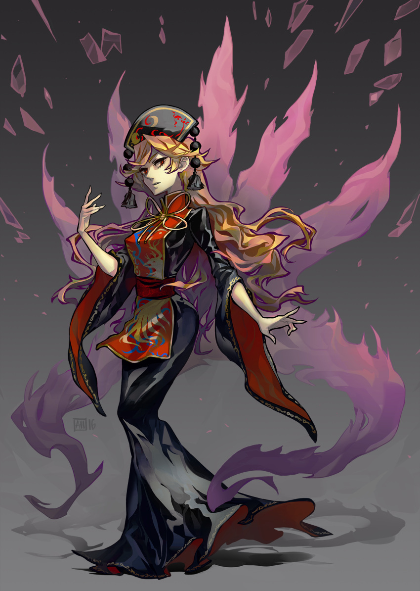 1girl arlmuffin black_dress blonde_hair chinese_clothes crescent dress energy fire fox_tail full_body hat highres junko_(touhou) long_hair long_sleeves open_mouth red_eyes sash shards solo tabard tail touhou very_long_hair wide_sleeves