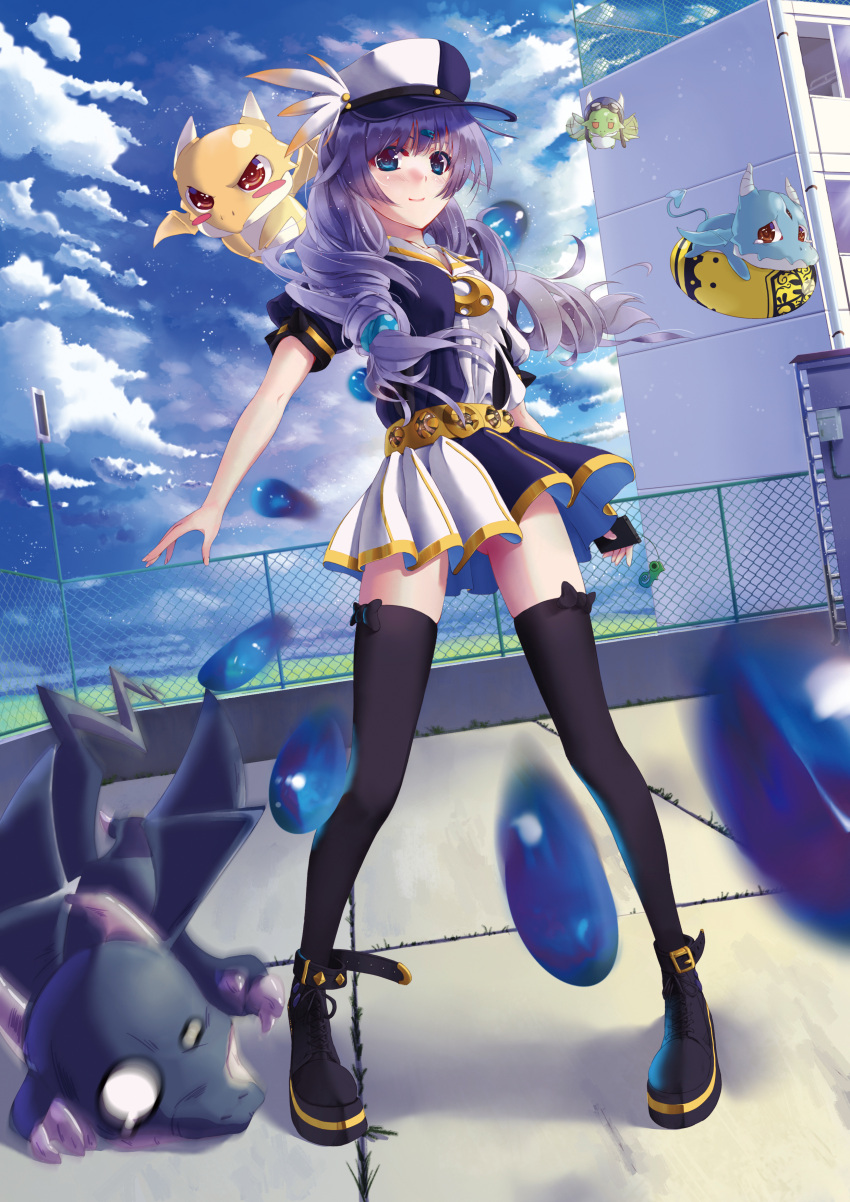 1girl absurdres benghuai_xueyuan blue_eyes chain-link_fence dragon drill_hair egg fence highres kiana_kaslana long_hair looking_at_viewer nishiro_ryoujin purple_hair skirt solo thigh-highs twin_drills