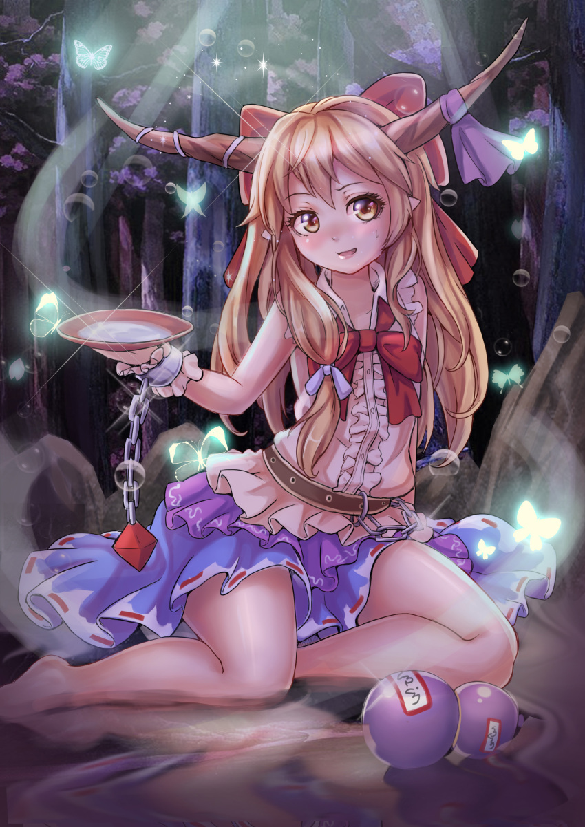 1girl :d absurdres alcohol animal bare_arms bare_legs bare_shoulders barefoot belt blush bow bowtie butterfly cenangam chain fang forest glowing glowing_butterfly gourd hair_bow head_tilt highres holding_bowl horns ibuki_suika insect layered_skirt lens_flare light_rays long_hair looking_at_viewer moonlight nature night ofuda oni open_mouth orange_eyes orange_hair outdoors plant pointy_ears purple_skirt red_bow red_bowtie sake shirt sitting skirt sleeveless sleeveless_shirt smile solo sweatdrop tooth touhou tree very_long_hair white_shirt wrist_cuffs yokozuwari