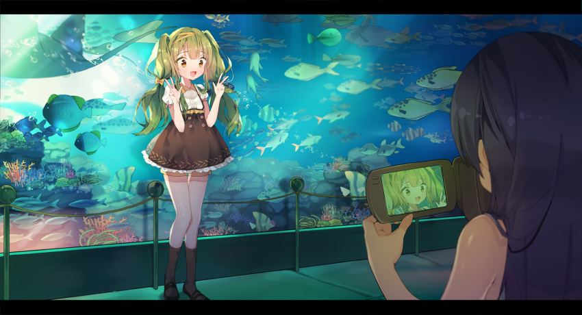 2girls :d adcd aquarium black_hair black_legwear black_shoes blush bow brown_eyes brown_hair camcorder coral double_w fang fish green_hair hair_bow kneehighs long_hair manta_ray mary_janes multiple_girls open_mouth original puffy_short_sleeves puffy_sleeves rock shirt shoes short_sleeves skirt smile standing thigh-highs twintails very_long_hair white_legwear white_shirt yellow_bow
