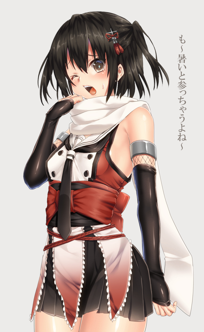 1girl ;o bare_shoulders black_gloves black_hair black_skirt breasts brown_eyes buttons cowboy_shot double-breasted elbow_gloves fingerless_gloves fishnets gloves grey_background hair_ornament hairpin hand_up highres kantai_collection keita_(tundereyuina) one_eye_closed open_mouth pleated_skirt red_shirt sash scarf sendai_(kantai_collection) shirt simple_background skirt sleeveless sleeveless_shirt solo standing sweatdrop tassel text translation_request white_scarf