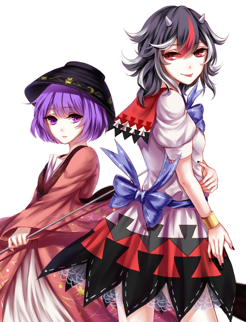 2girls absurdres bangs black_hair black_nails bowl bowl_hat bracelet dress from_side hair_between_eyes hat highres horns japanese_clothes jewelry kijin_seija kimono long_sleeves looking_back multicolored_hair multiple_girls nail_polish needle parted_lips purple_hair red_eyes redhead sheya short_dress short_hair short_sleeves simple_background small_breasts streaked_hair sukuna_shinmyoumaru thighs tongue tongue_out touhou violet_eyes white_background white_dress white_hair wide_sleeves