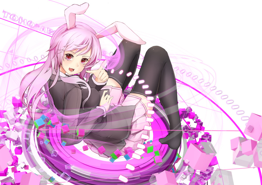 1girl animal_ears black_legwear blazer breasts collared_shirt cube danmaku finger_gun jacket light_trail long_hair long_sleeves looking_at_viewer no_shoes open_mouth pink_skirt pleated_skirt purple_hair rabbit_ears radiosity_(yousei) red_eyes reisen_udongein_inaba revision shirt simple_background skirt solo thigh-highs thighs touhou white_background white_shirt