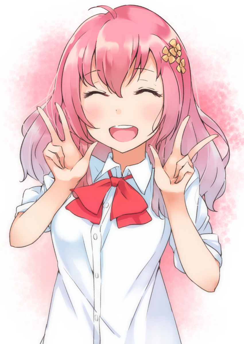 1girl ^_^ ^o^ ahoge blush bow bowtie buttons closed_eyes collared_shirt double_w flower hair_flower hair_ornament hand_gesture hands_up highres nishizono_honoka okomeito pink_background pink_hair red_bow red_bowtie round_teeth shirt short_hair short_sleeves simple_background solo teeth tokyo_7th_sisters upper_body wing_collar