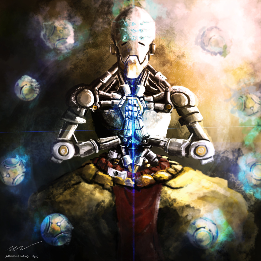 android artist_name dated floating hands_together highres indian_style lotus_position monk no_humans overwatch robot signature sitting sphere zenyatta_(overwatch)