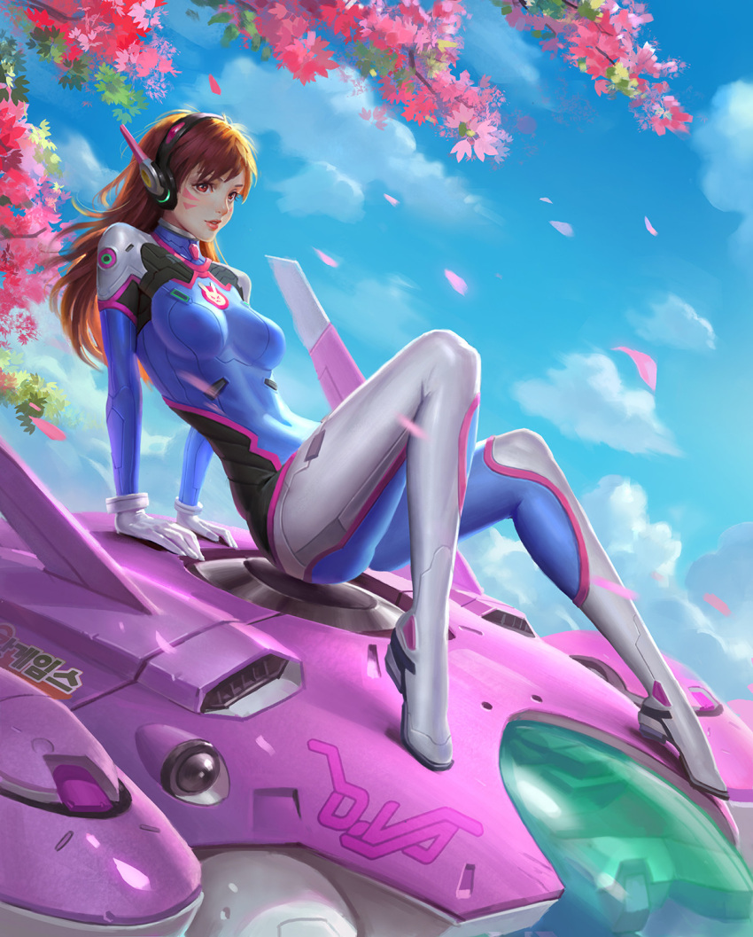 1girl arm_support armor ass bangs blue_sky bodysuit boots breasts brown_eyes brown_hair bunny_print character_name cherry_blossoms clouds cloudy_sky d.va_(overwatch) facepaint facial_mark full_body gloves headphones highres large_breasts light_smile lipgloss lips lipstick long_hair looking_at_viewer makeup mecha overwatch petals pilot_suit rabbit sitting skin_tight sky solo swept_bangs thigh-highs thigh_boots wenfei_ye white_boots white_gloves