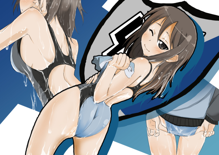 1girl adjusting_clothes adjusting_swimsuit ass blue_swimsuit blush brown_eyes brown_hair competition_swimsuit emblem girls_und_panzer long_hair mika_(girls_und_panzer) one-piece_swimsuit one_eye_closed ryuu_tou smile swimsuit wet