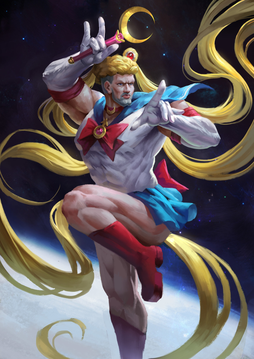 1boy absurdres bishoujo_senshi_sailor_moon blonde_hair boots cleft_chin elbow_gloves full_body gloves highres long_hair one-punch_man pointing puri_puri_prisoner red_boots sailor_moon sailor_moon_(cosplay) sky solo star_(sky) starry_sky twintails wand wenfei_ye white_gloves