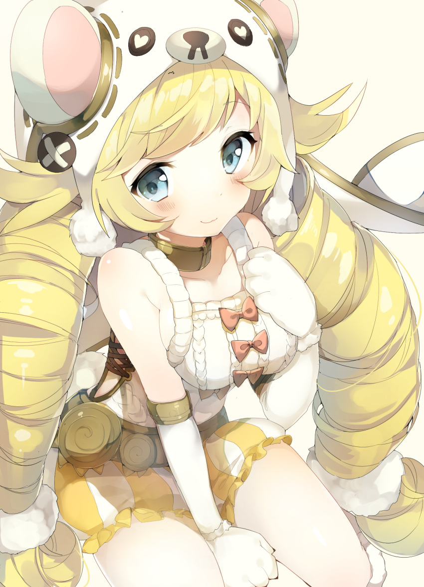 1girl :3 animal_hat arm_warmers bear_hat belt between_legs blonde_hair blue_eyes bow breasts collar collarbone drill_hair eyebrows eyebrows_visible_through_hair gloves hand_on_own_chest hat heart highres last_period long_hair looking_at_viewer niito paw_gloves red_bow shirokuma_(last_period) shorts side_cutout sitting sleeveless smile solo striped_shorts tareme twin_drills twintails white_background