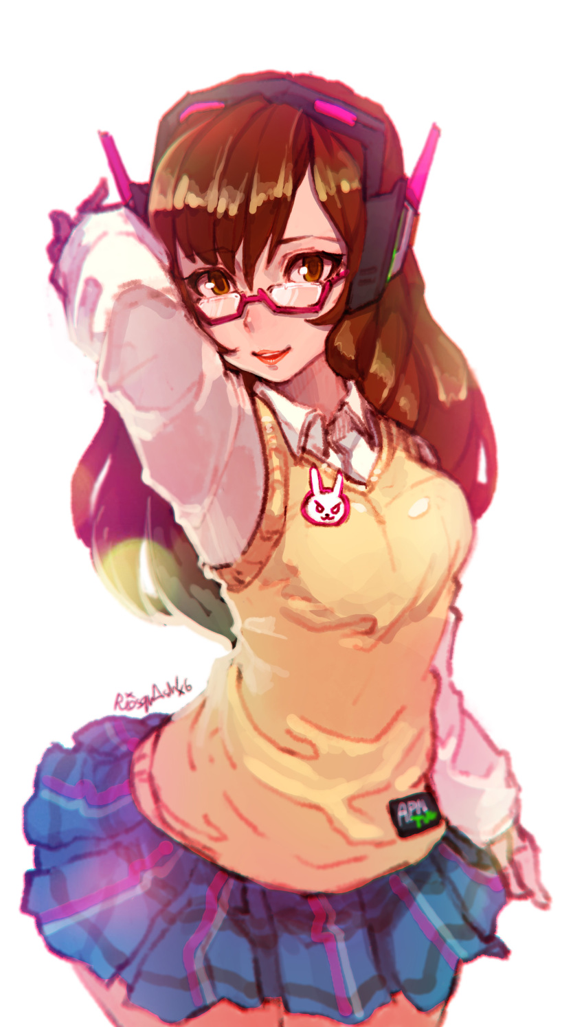 1girl absurdres arm_behind_head arms_up bangs blue_skirt brown_eyes brown_hair cardigan cardigan_vest collared_shirt cowboy_shot d.va_(overwatch) facepaint facial_mark glasses hand_behind_head headphones highres lips lipstick long_hair long_sleeves looking_at_viewer makeup overwatch parted_lips pleated_skirt pose red-framed_glasses school_uniform semi-rimless_glasses shirt skirt smile solo standing swept_bangs uniform white_background white_shirt wing_collar