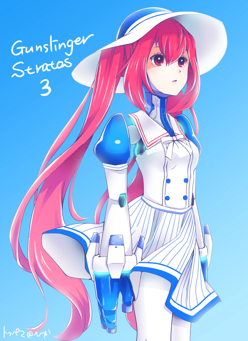 1girl absurdres android commentary_request copyright_name dress gunslinger_stratos hat highres humanoid_robot red_eyes redhead robot_joints small_breasts solo sun_hat toppema_mapetto white_dress xi-988