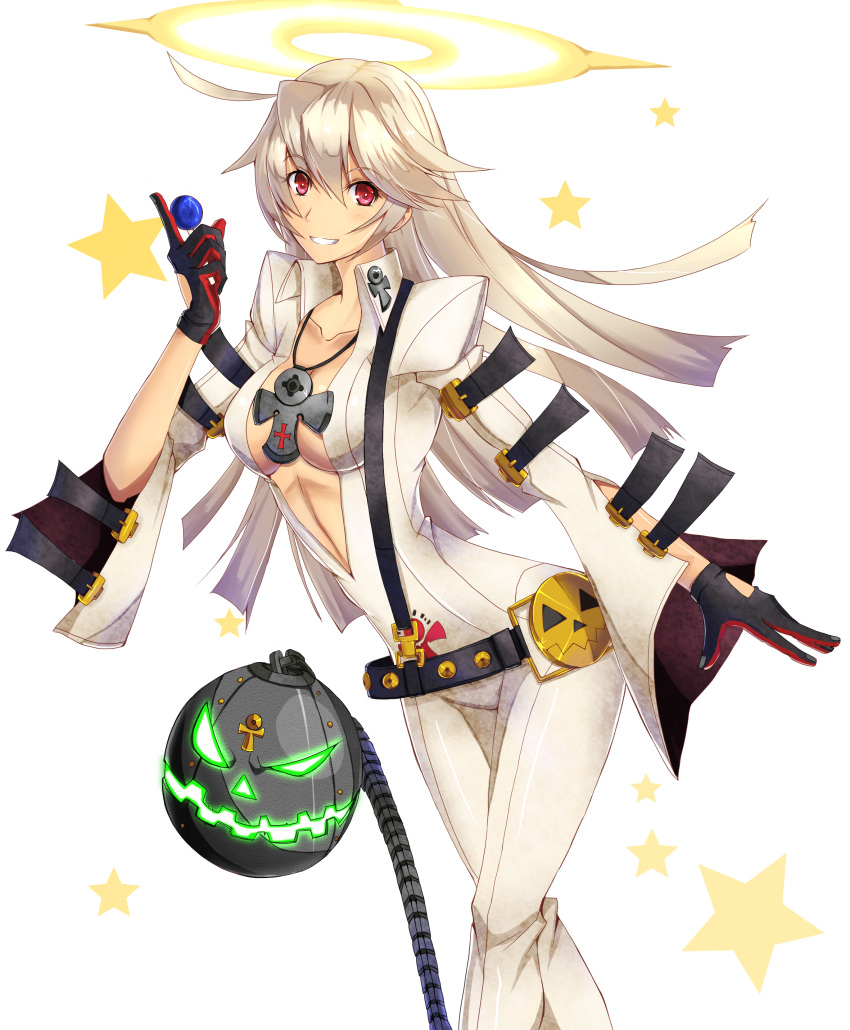 1girl absurdres ahoge ball_and_chain_restraint belt bodysuit breasts candy center_opening cleavage guilty_gear guilty_gear_xrd halo highres jack-o_(guilty_gear) jewelry lollipop long_hair luna_(gunfire) necklace no_bra red_eyes silver_hair smile solo