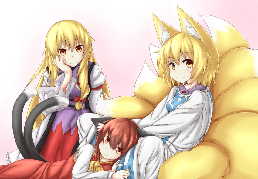 3girls adapted_costume alternate_eye_color animal_ears armband between_legs blonde_hair blush bow brown_hair cat_ears chen dress flame_print fluffy fox_ears fox_tail gradient gradient_background hair_bow hand_on_own_cheek horokusa_(korai) long_hair long_sleeves looking_at_viewer lying_on_person multiple_girls multiple_tails no_hat orange_eyes pink_background red_dress red_eyes short_hair sitting sleeveless sleeveless_dress smile squatting tabard tail touhou two_tails very_long_hair white_background white_dress yakumo_ran yakumo_yukari yellow_eyes